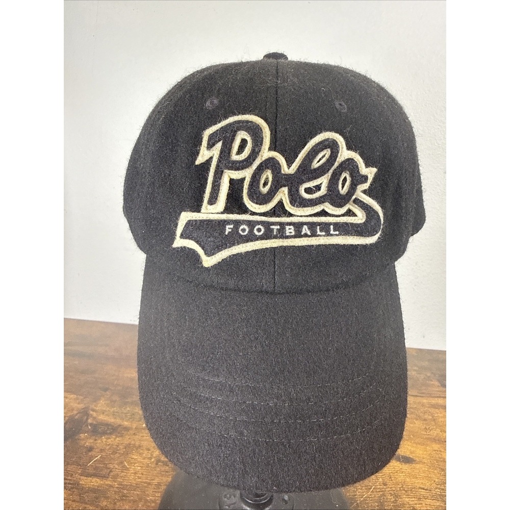 Polo Ralph Lauren Wool Blend Football Cap Black Leather Strap Adjustable Hat